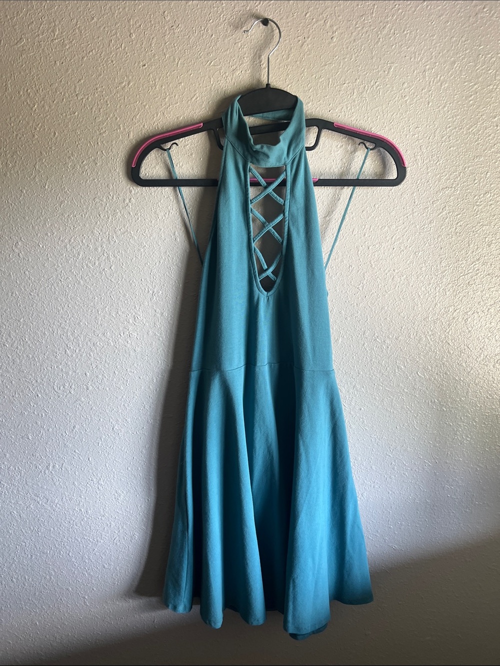 Express Teal One-Shoulder Lace-Up Halter Dress